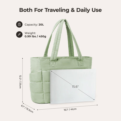 Light green city tote with dimensions showing 15.6 inch laptop capacity