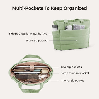Light green tote interior with multiple pockets and organized compartments
