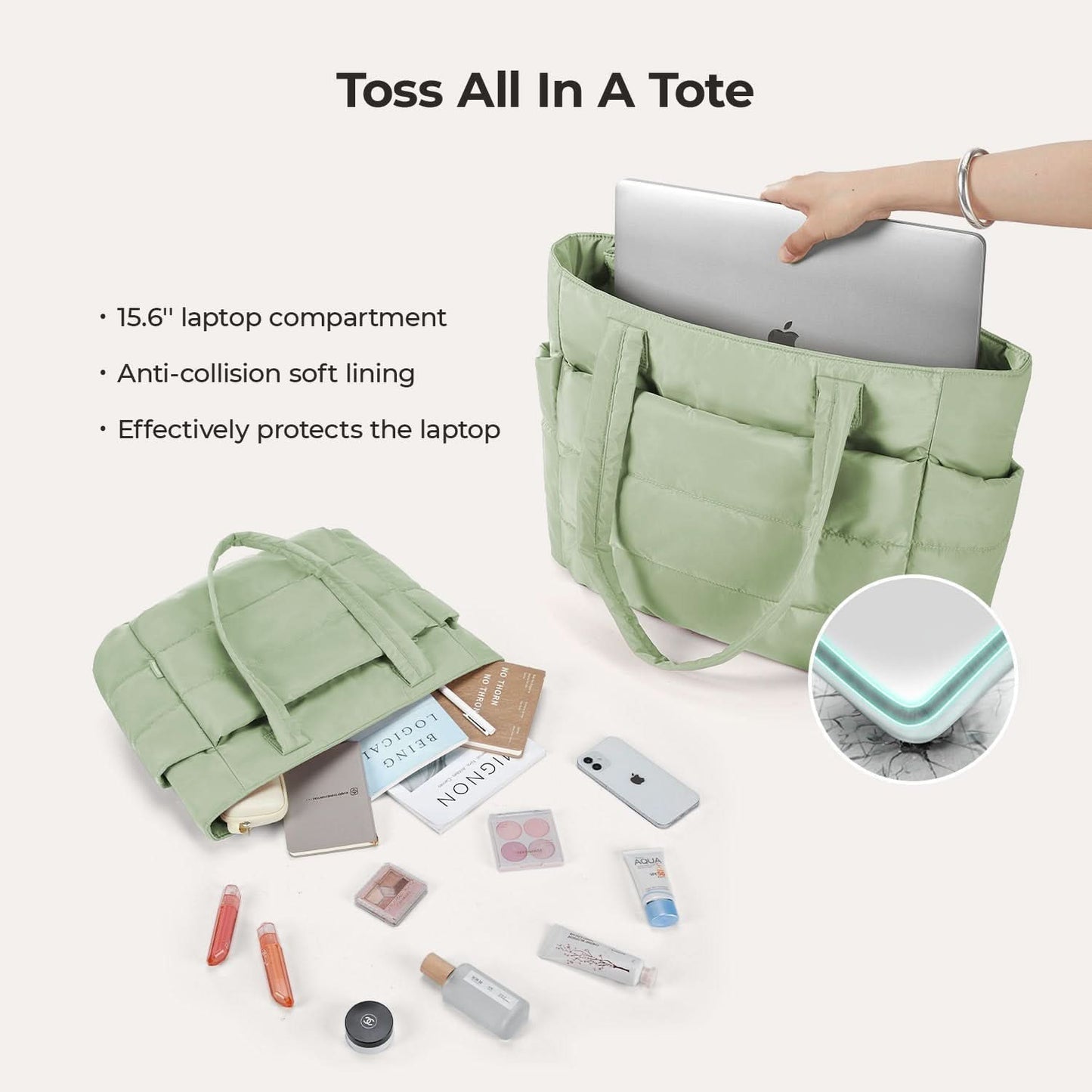 Light green quilted tote holding laptop with anti-collision soft lining