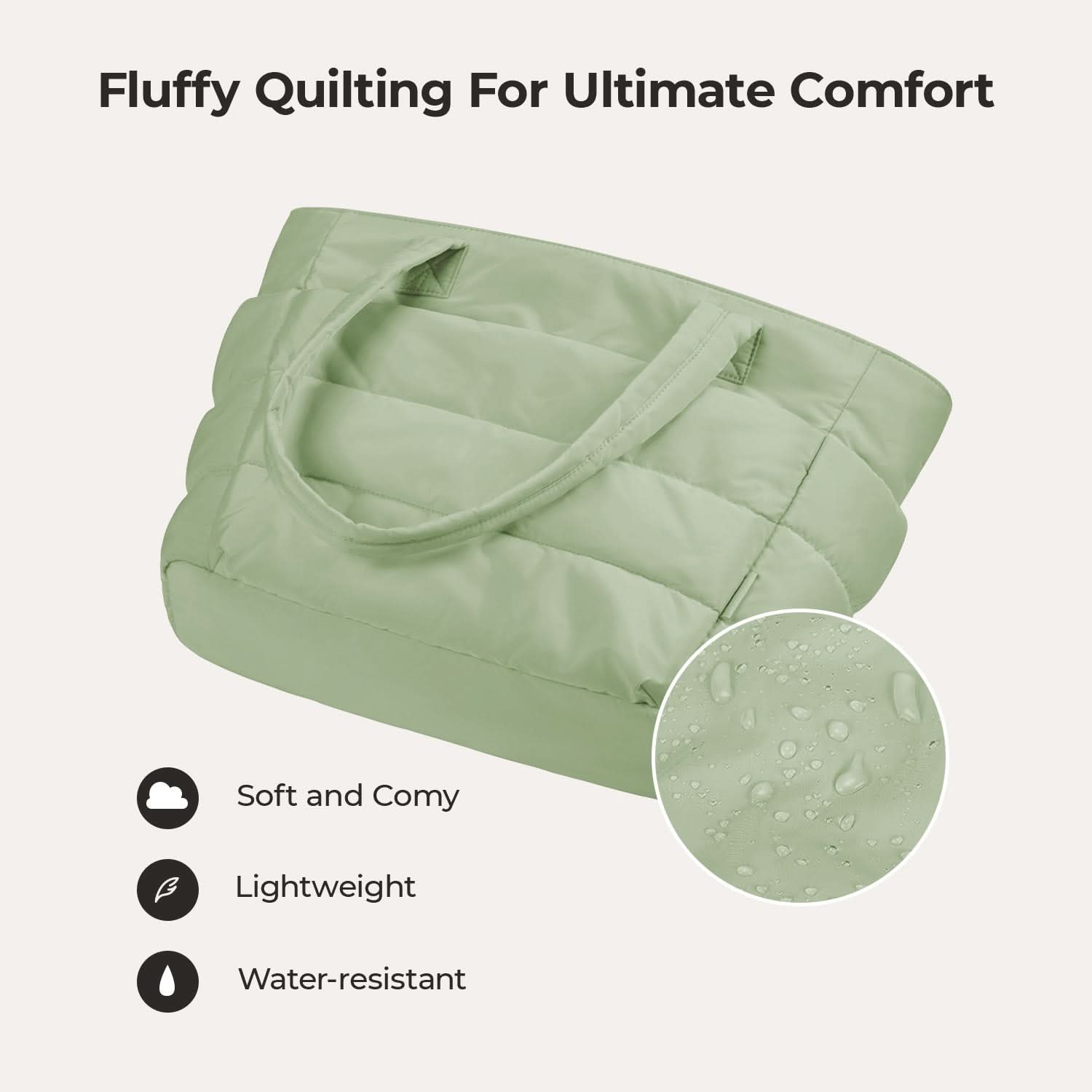 Light green puffy quilted tote with water-resistant soft exterior