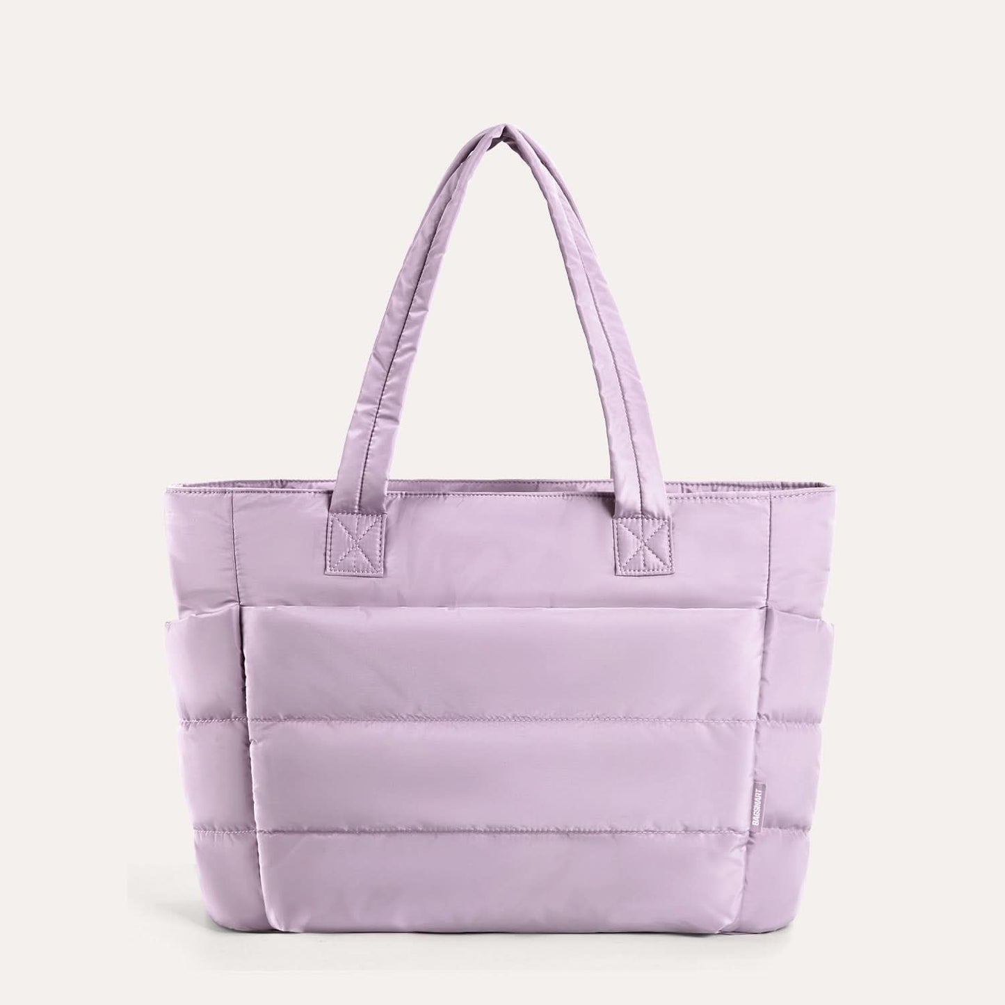 Mauve quilted city tote with horizontal padding and handles