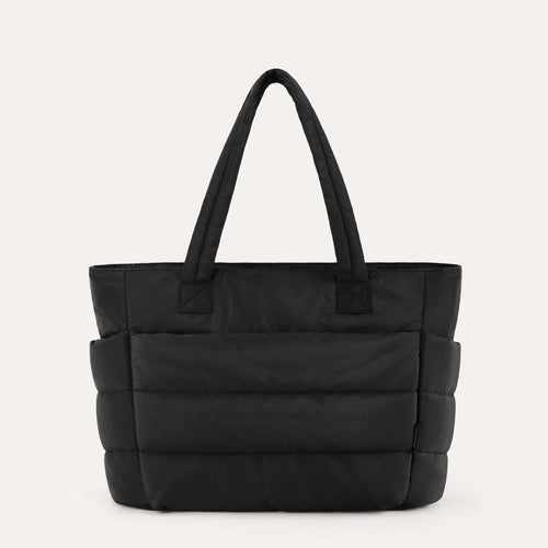 Black quilted city tote with dual handles and padded horizontal sections