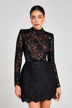 AZALIA | SHEER LONG SLEEVE BELTED MINI DRESS - Black