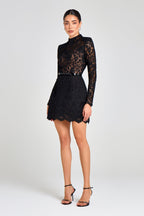 AZALIA | SHEER LONG SLEEVE BELTED MINI DRESS - Black