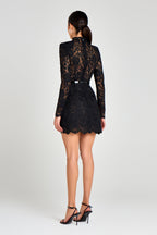 AZALIA | SHEER LONG SLEEVE BELTED MINI DRESS - Black
