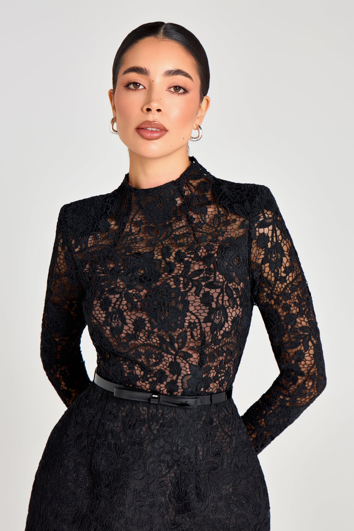 AZALIA | SHEER LONG SLEEVE BELTED MINI DRESS - Black