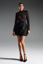 AZALIA | SHEER LONG SLEEVE BELTED MINI DRESS - Black