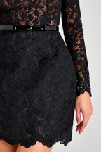 AZALIA | SHEER LONG SLEEVE BELTED MINI DRESS - Black