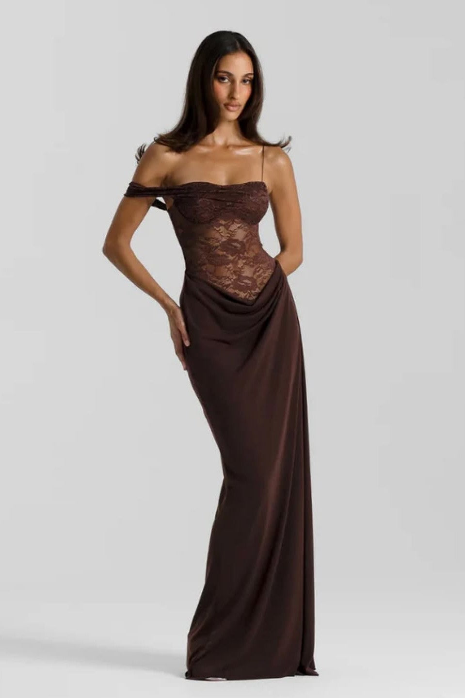 BACELA | LACE MAXI DRESS - Chocolate Brown