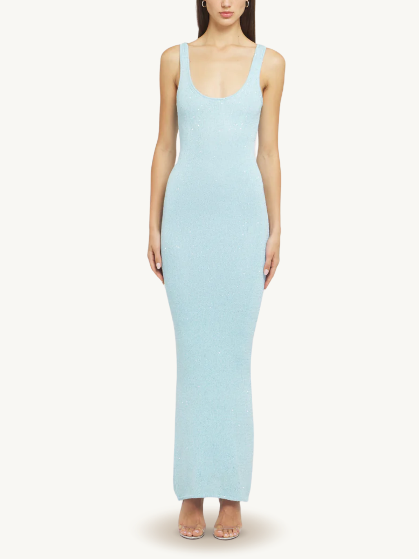 Full-length front view of light blue sleeveless ribbed maxi dress