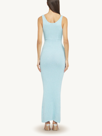Back view of light blue ribbed knit maxi dress with fitted silhouette