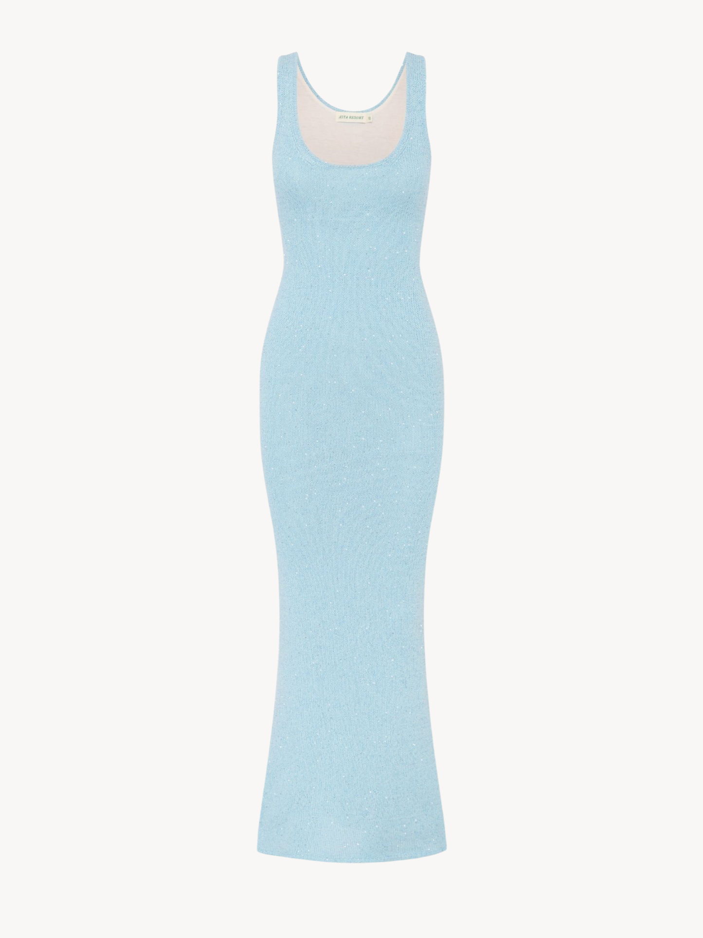 Flat lay front of light blue textured knit sleeveless maxi dress