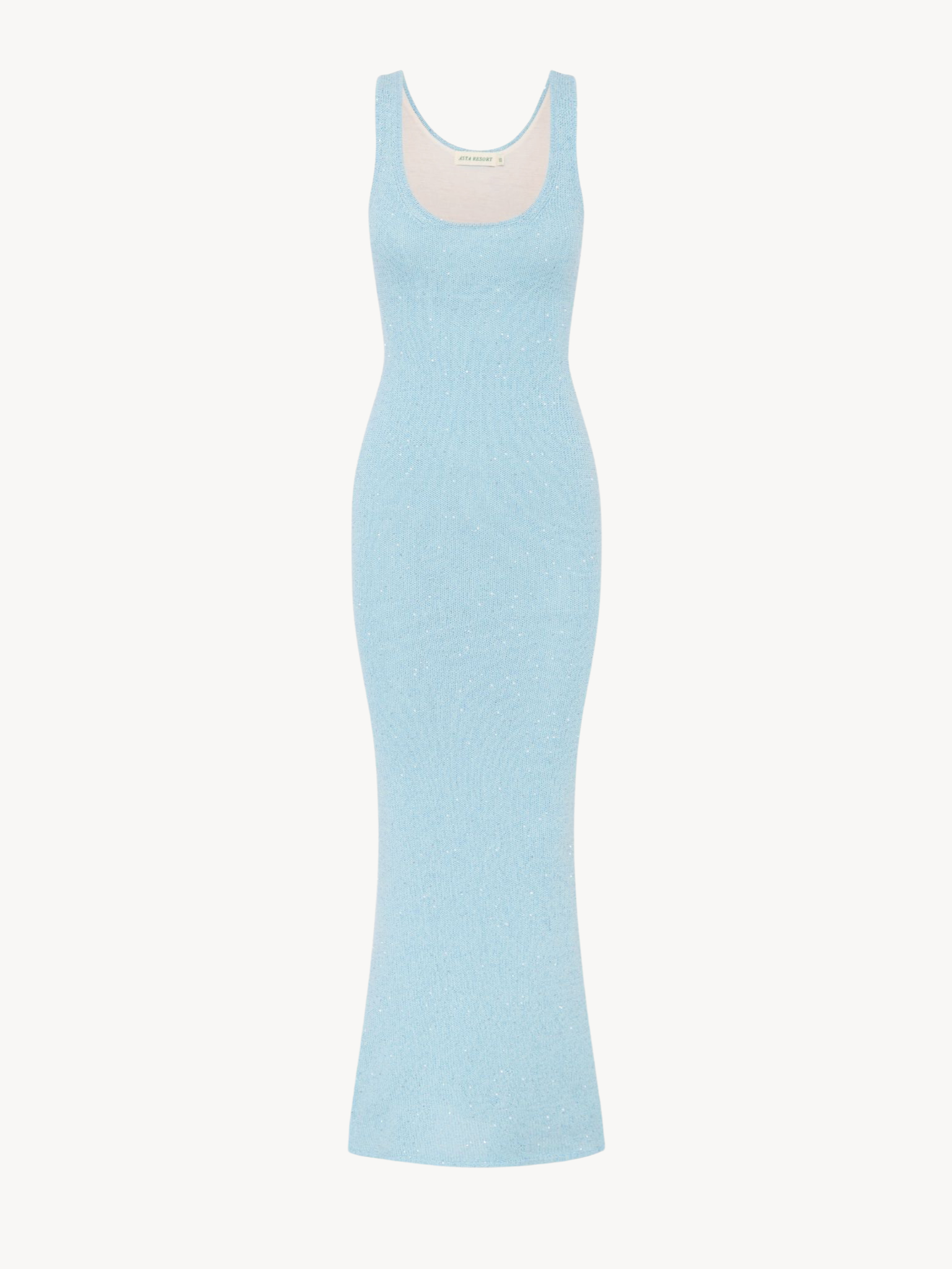 Flat lay front of light blue textured knit sleeveless maxi dress
