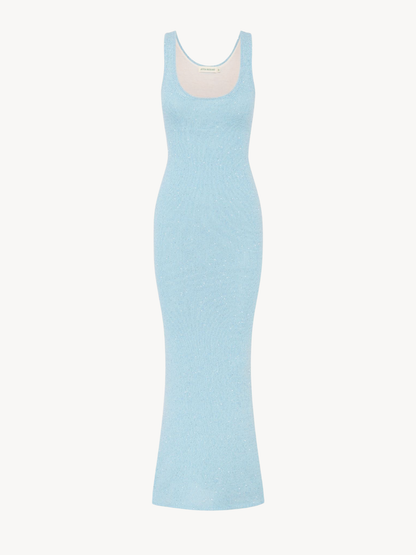 Flat lay front of light blue textured knit sleeveless maxi dress