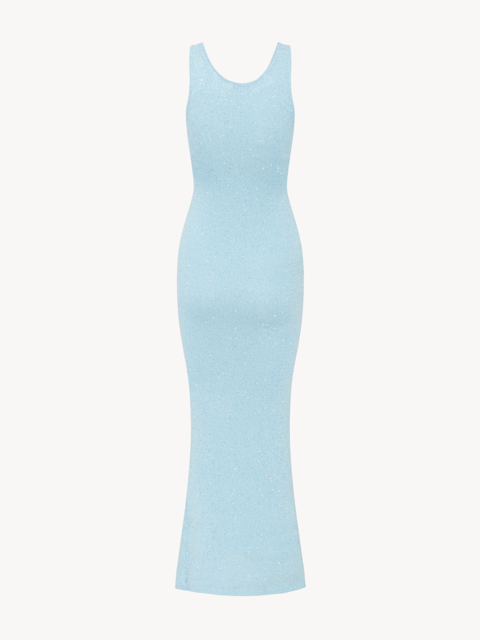 Flat lay back of light blue ribbed knit maxi dress with scoop back