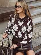 BARBARA | ARGYLE POLO COLLAR KNIT SWEATER - Brown and Ivory Argyle
