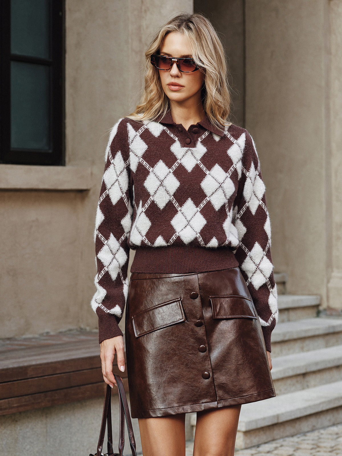 BARBARA | ARGYLE POLO COLLAR KNIT SWEATER - Brown and Ivory Argyle