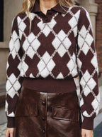 BARBARA | ARGYLE POLO COLLAR KNIT SWEATER - Brown and Ivory Argyle
