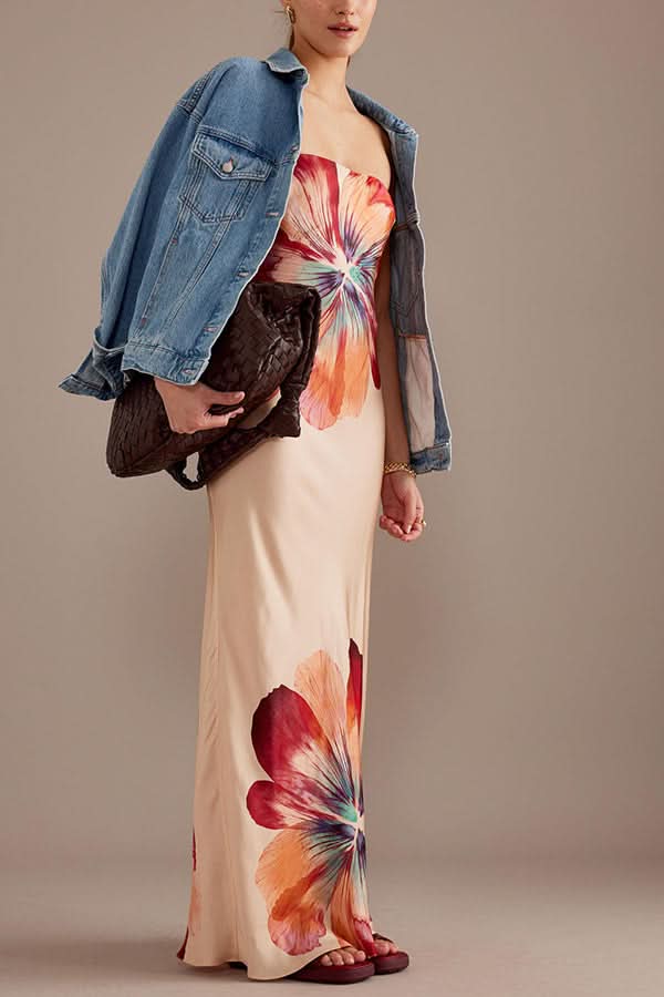 Cream satin maxi dress with floral print styled with denim jacket