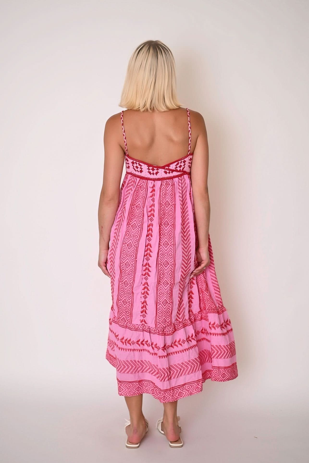 Back view of women's pink maxi dress with V-back design and ruffled tiered hem