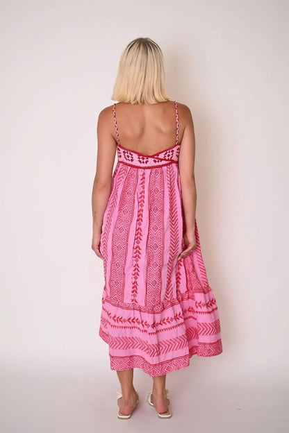 Back view of women's pink maxi dress with V-back design and ruffled tiered hem