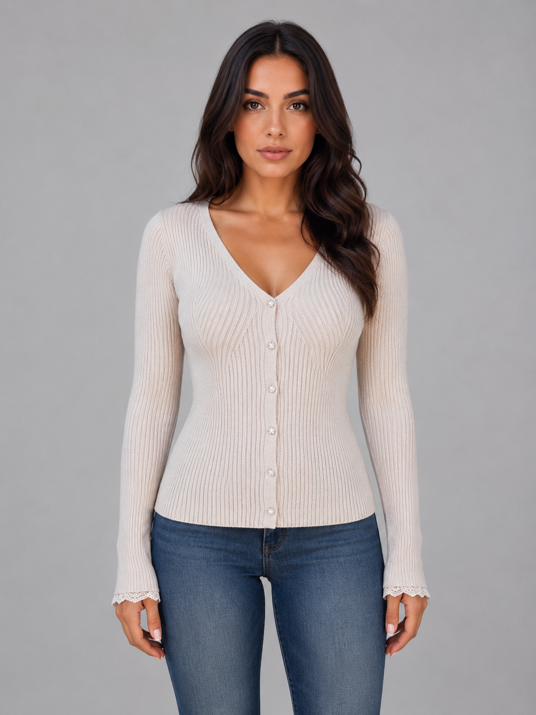 BELINDA | RIBBED V-NECK BUTTON-UP CARDIGAN - Beige