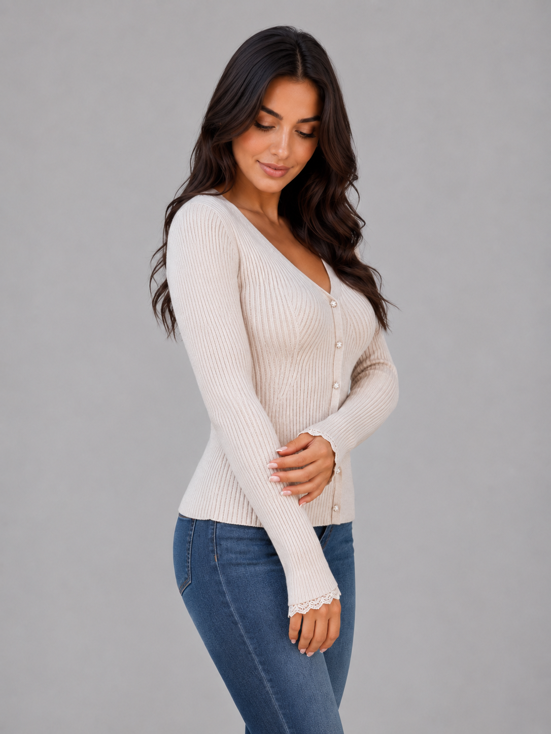 BELINDA | RIBBED V-NECK BUTTON-UP CARDIGAN - Beige