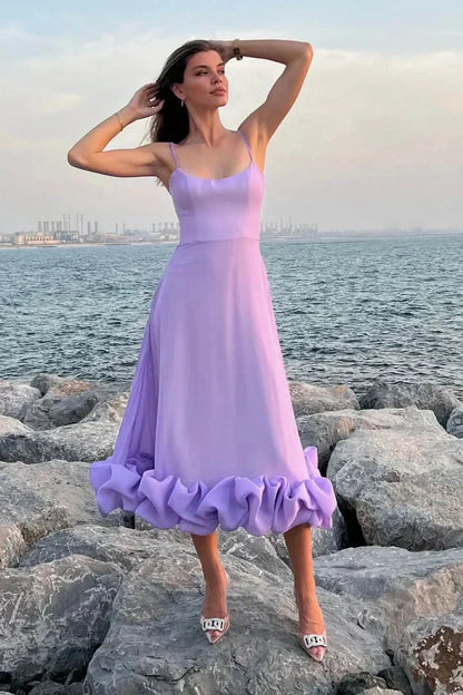 Lavender cami midi dress with voluminous ruffled hem and scoop neckline