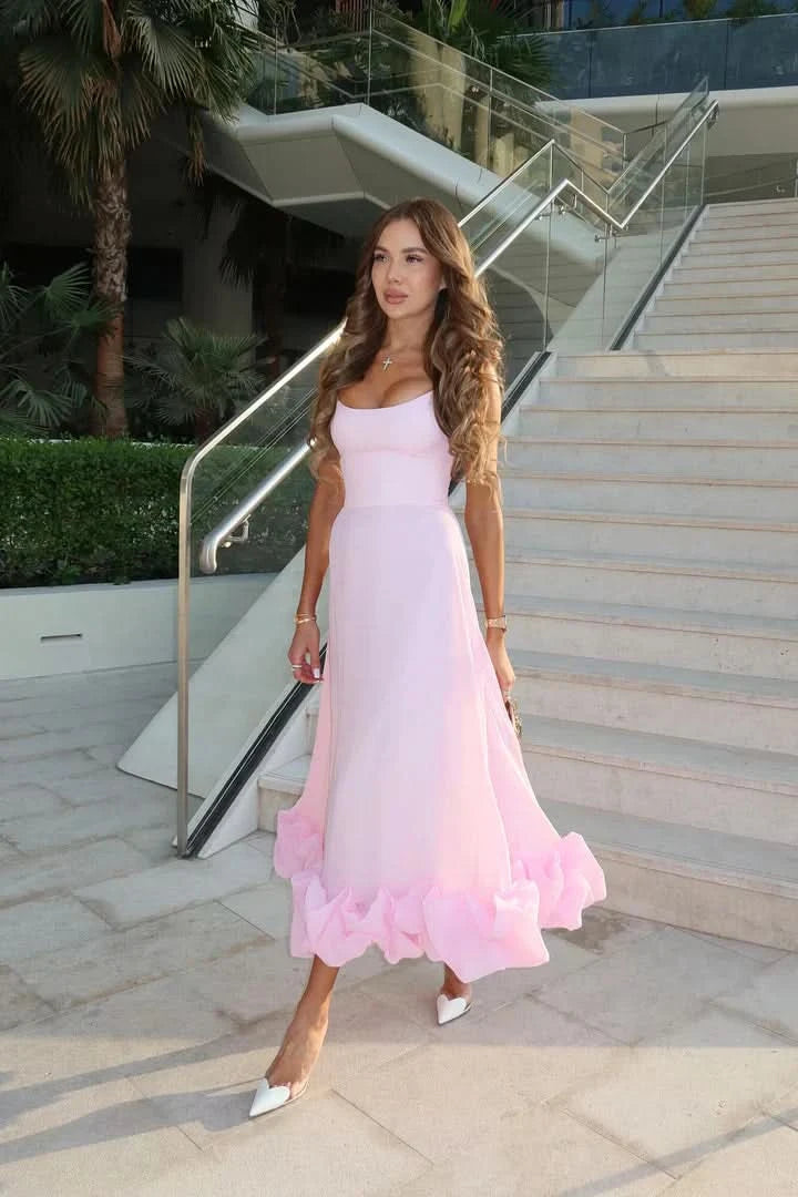Pale pink camisole midi dress with layered ruffle skirt hem