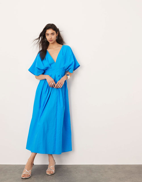 Blue V-neck wrap midi dress with flutter sleeves and A-line skirt for women