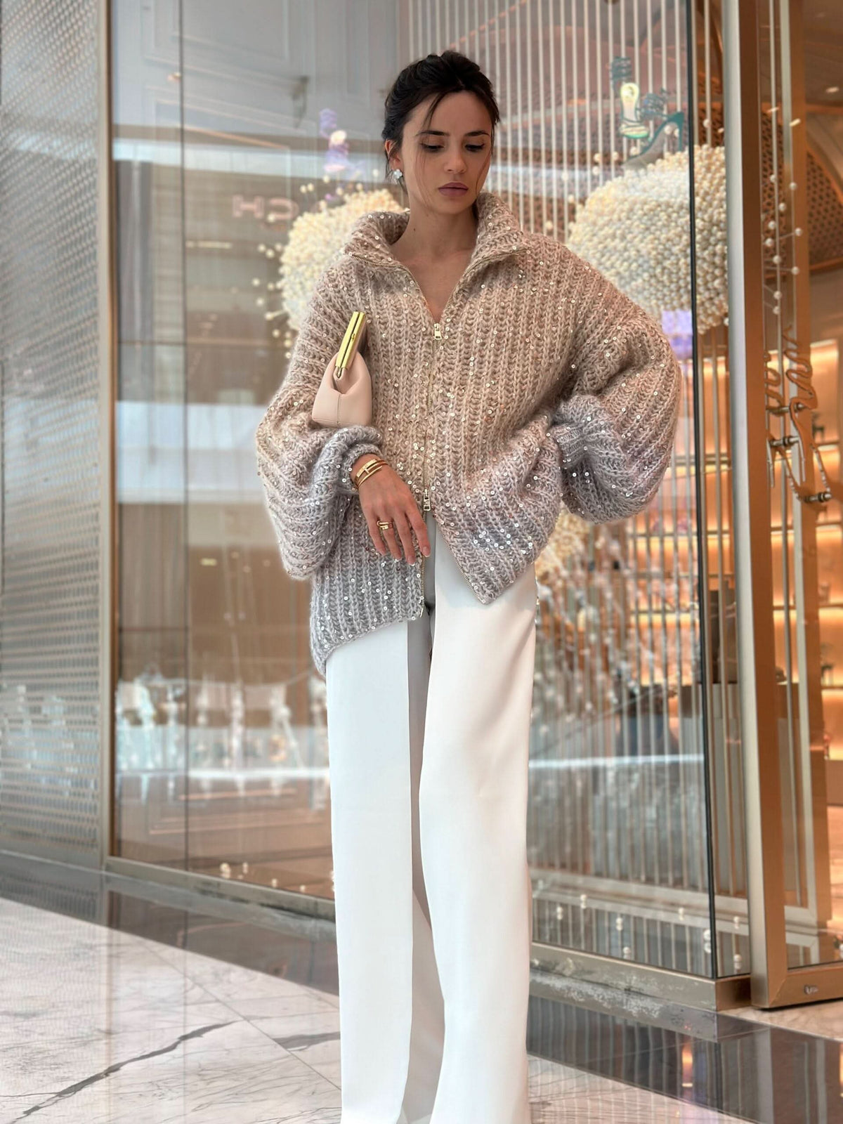 Beige knit cardigan with sequin embellishment and collar detail