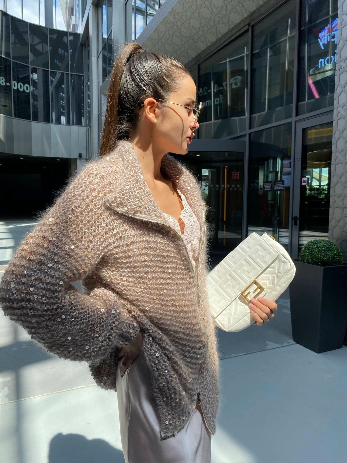 Taupe sparkle cardigan with oversized fit and sequin coverage