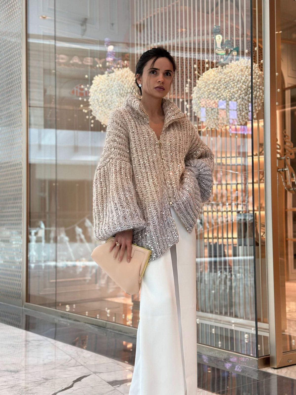 Cream knit cardigan with all-over sequin detailing and collar