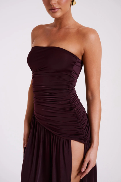 Burgundy strapless maxi dress detail showing ruched bodice neckline and fit