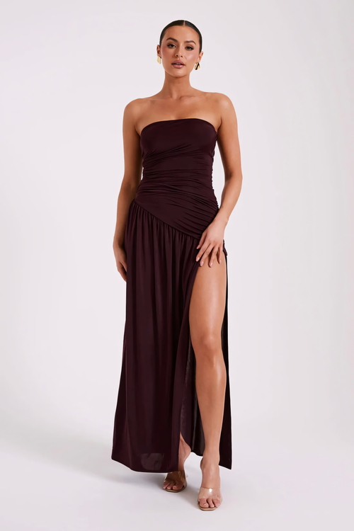 Burgundy strapless maxi dress with ruched bodice and high side slit for women