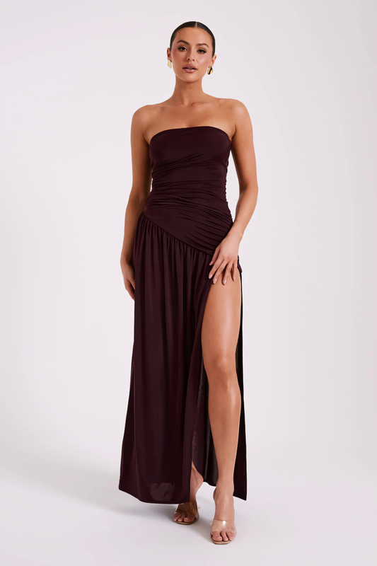 Burgundy strapless maxi dress with ruched bodice and high side slit for women