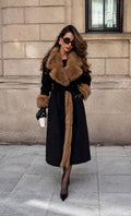BELLINA | FAUX FUR COLLAR BELTED COAT - Black