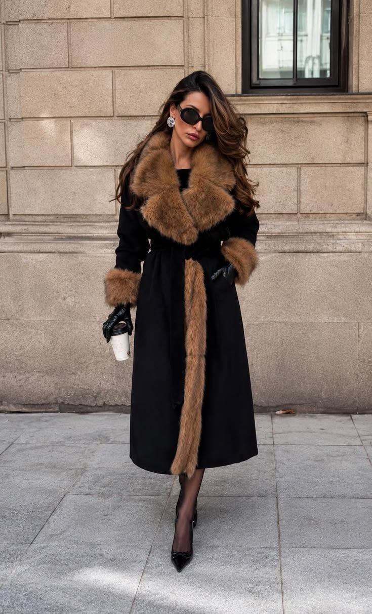 BELLINA | FAUX FUR COLLAR BELTED COAT - Black