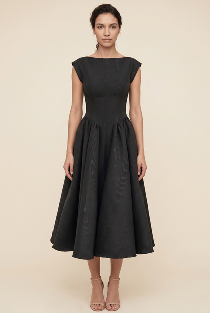 BERNADETTE | CAP SLEEVE MIDI DRESS - Black