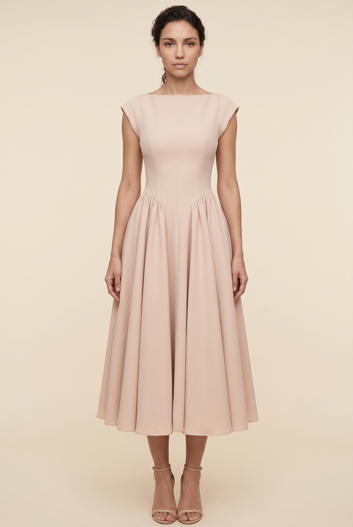 BERNADETTE | CAP SLEEVE MIDI DRESS - Nude