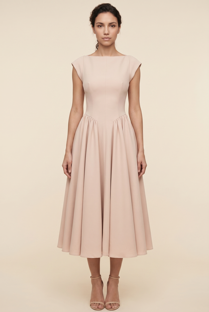 BERNADETTE | CAP SLEEVE MIDI DRESS - Nude
