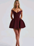 BERNICE | OFF SHOULDER FIT-AND-FLARE MINI DRESS - Burgundy