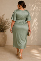 BERYL | FLUTTER SLEEVE WRAP MIDI DRESS - Sage