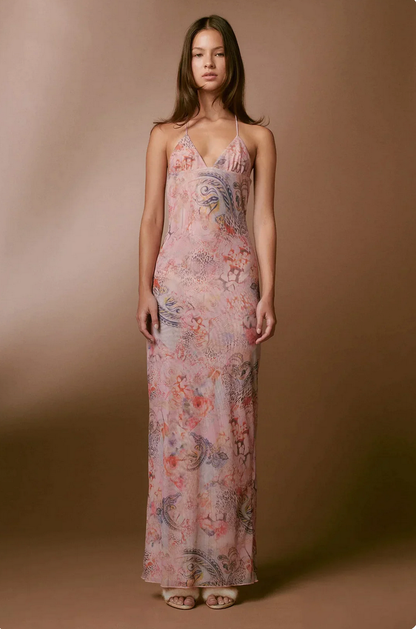 Blush butterfly print halter maxi dress with V-neck and sleeveless design for women