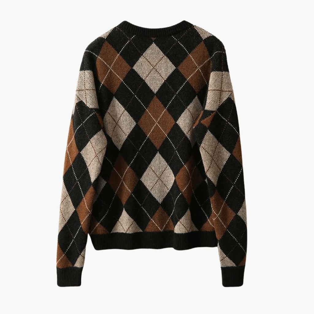 BIRGIT | ARGYLE CREW NECK KNIT SWEATER - Black and Brown Argyle