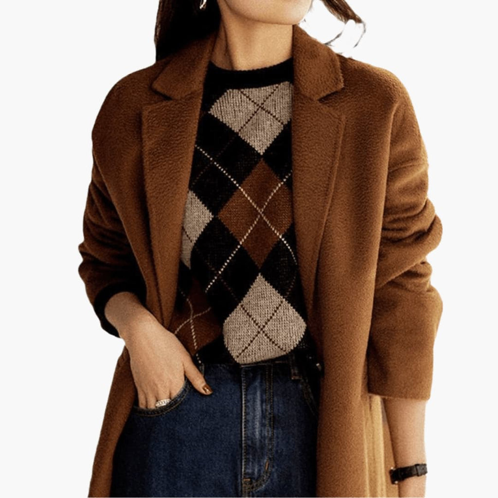BIRGIT | ARGYLE CREW NECK KNIT SWEATER - Black and Brown Argyle