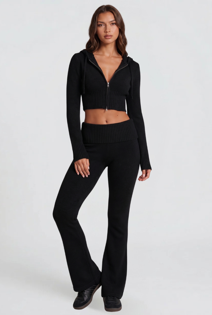 BLAIRE | CROPPED HOODIE FLARE PANTS SET - Black