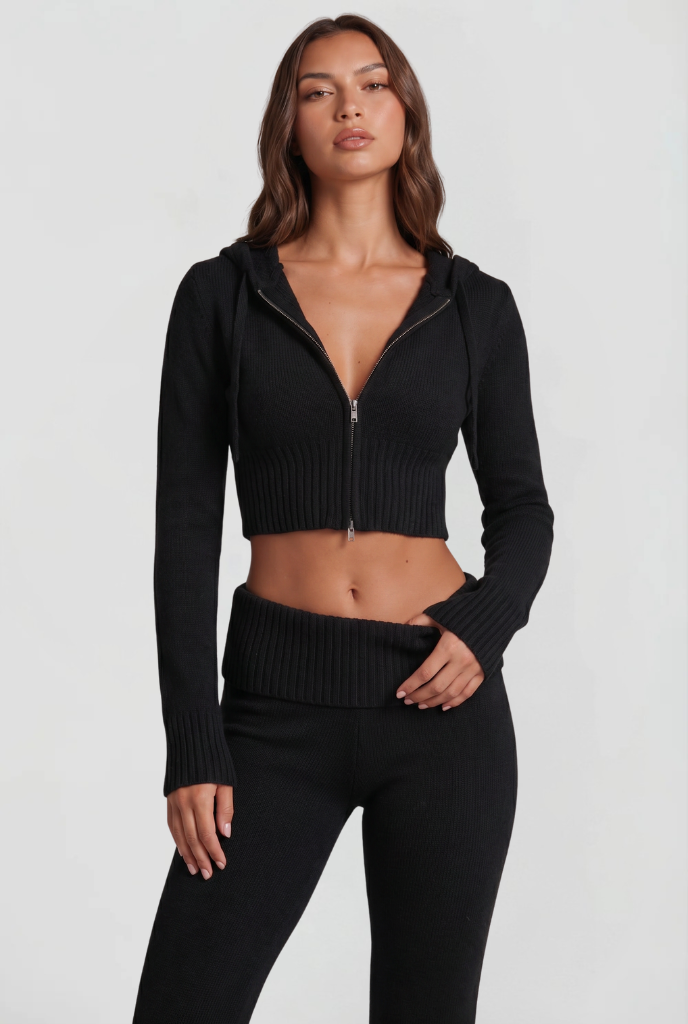 BLAIRE | CROPPED HOODIE FLARE PANTS SET - Black