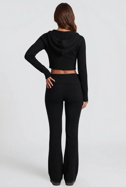 BLAIRE | CROPPED HOODIE FLARE PANTS SET - Black
