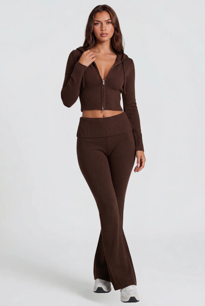 BLAIRE | CROPPED HOODIE FLARE PANTS SET - Brown